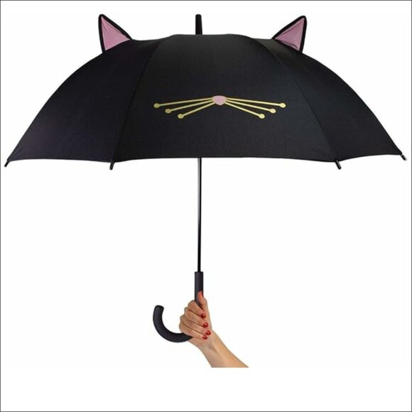 Kate Spade New York Large Lightweight Travel Umbrella, Black Cat with Ears - Picture 1 of 9
